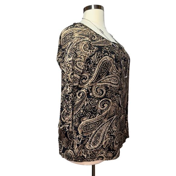 Liz Claiborne Top Women’s Size 3X Black Brown & Tan Paisley 3/4 Sleeve - Picture 4 of 7
